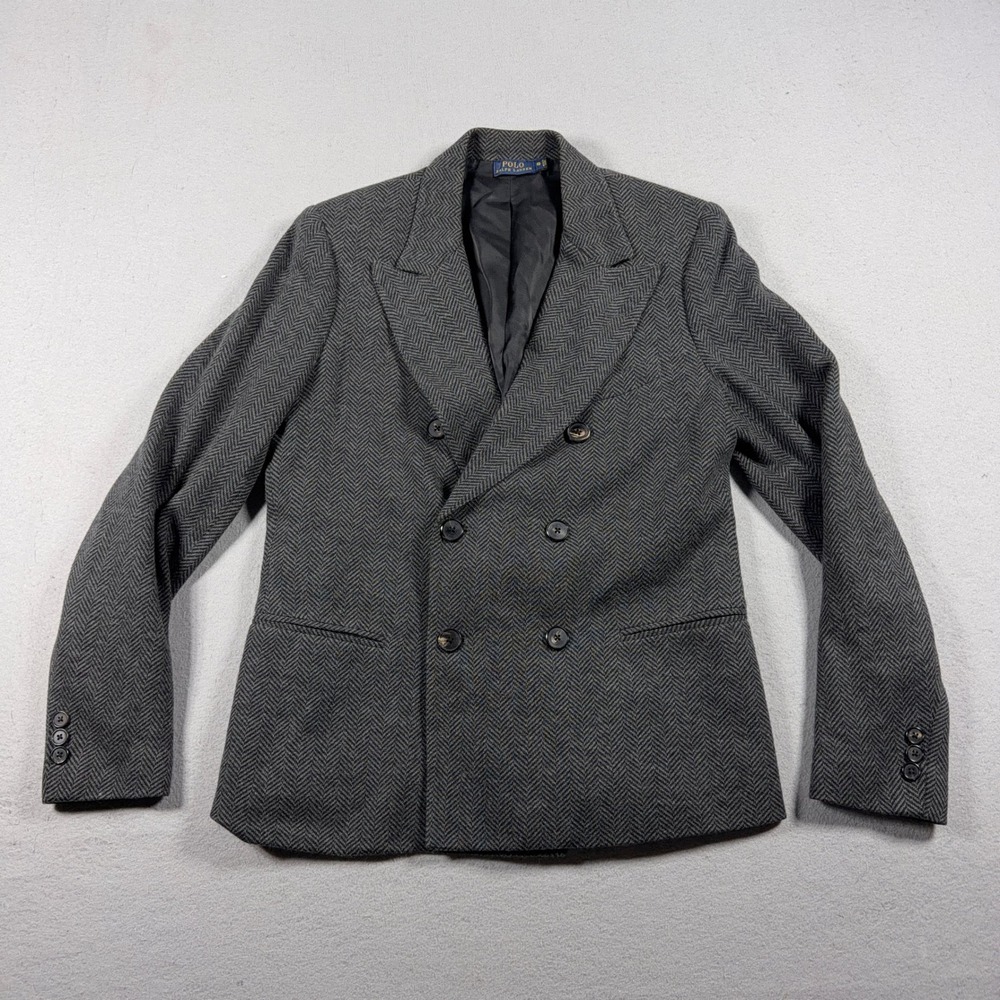 Polo Ralph Lauren Blazer Women 10 Double Breasted Herringbone Grey Quiet Luxury